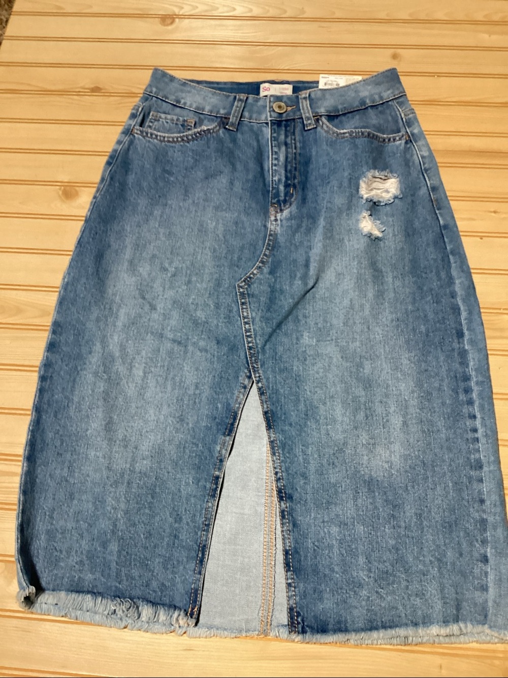 Front Slit Medium Wash Distressed Blue Jean Denim Midi Skirt Western Cowgirl 28W